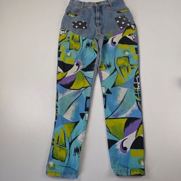 Vintage NO! Jeans 90s Patchwork Abstract Denim Pants Rare Distressed Jeans 28x27 - Picture 1 of 14
